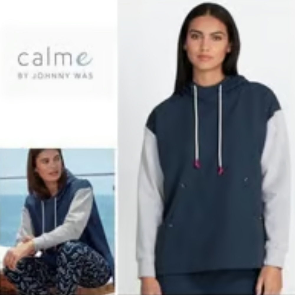 Johnny Was Calme Mix Nylon Hooded Pullover Blue Gray Women’s Size XL, NWOT